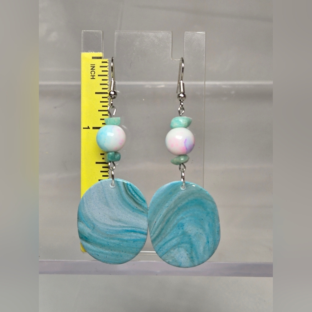#B300- Ocean Blue Swirl Earrings With Amazonite Beads - Picture 2 of 5
